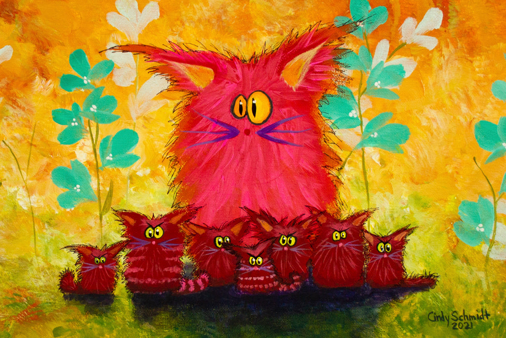 Pink Mama with Kittens — Matted Print