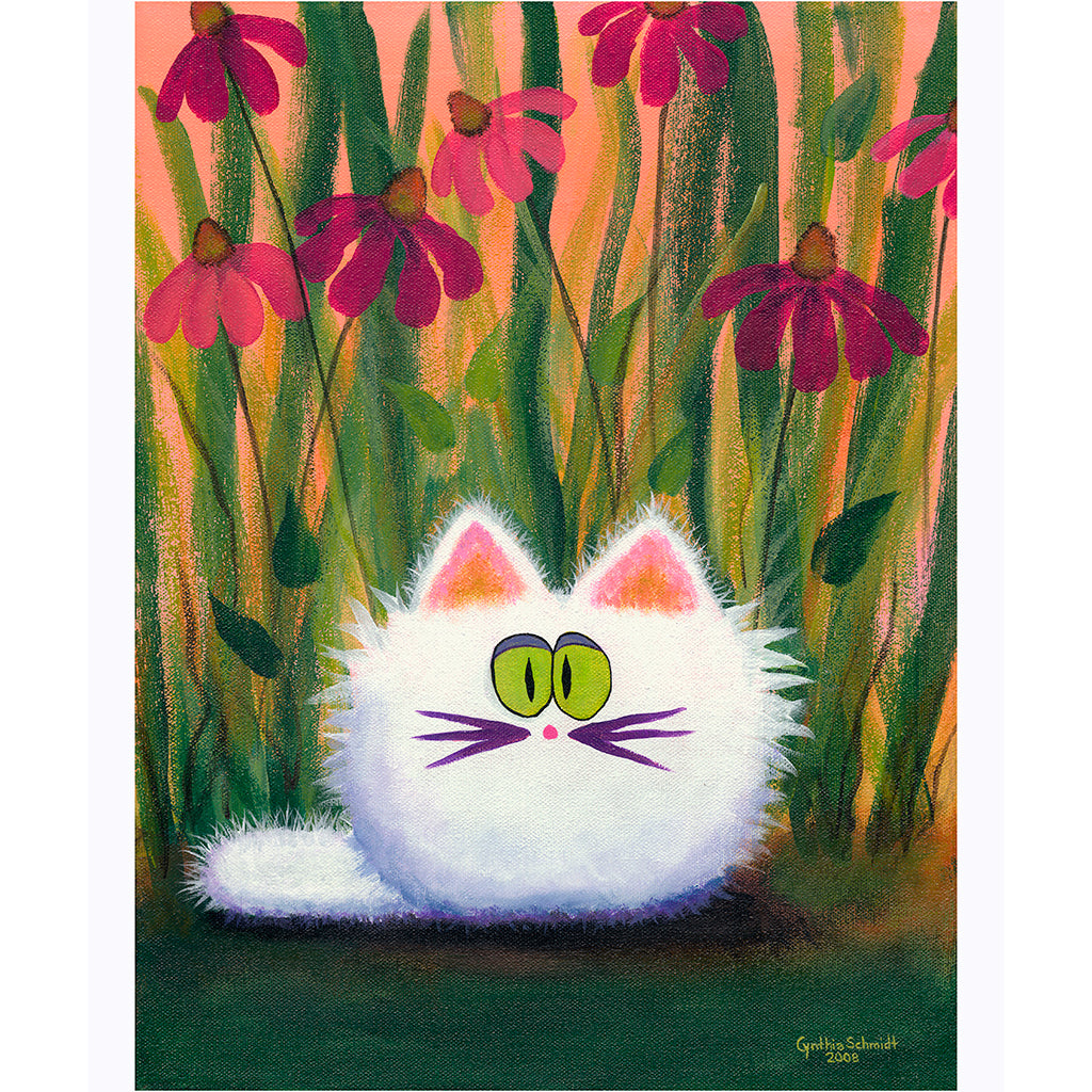White Cat in Coneflowers  —  Note Card