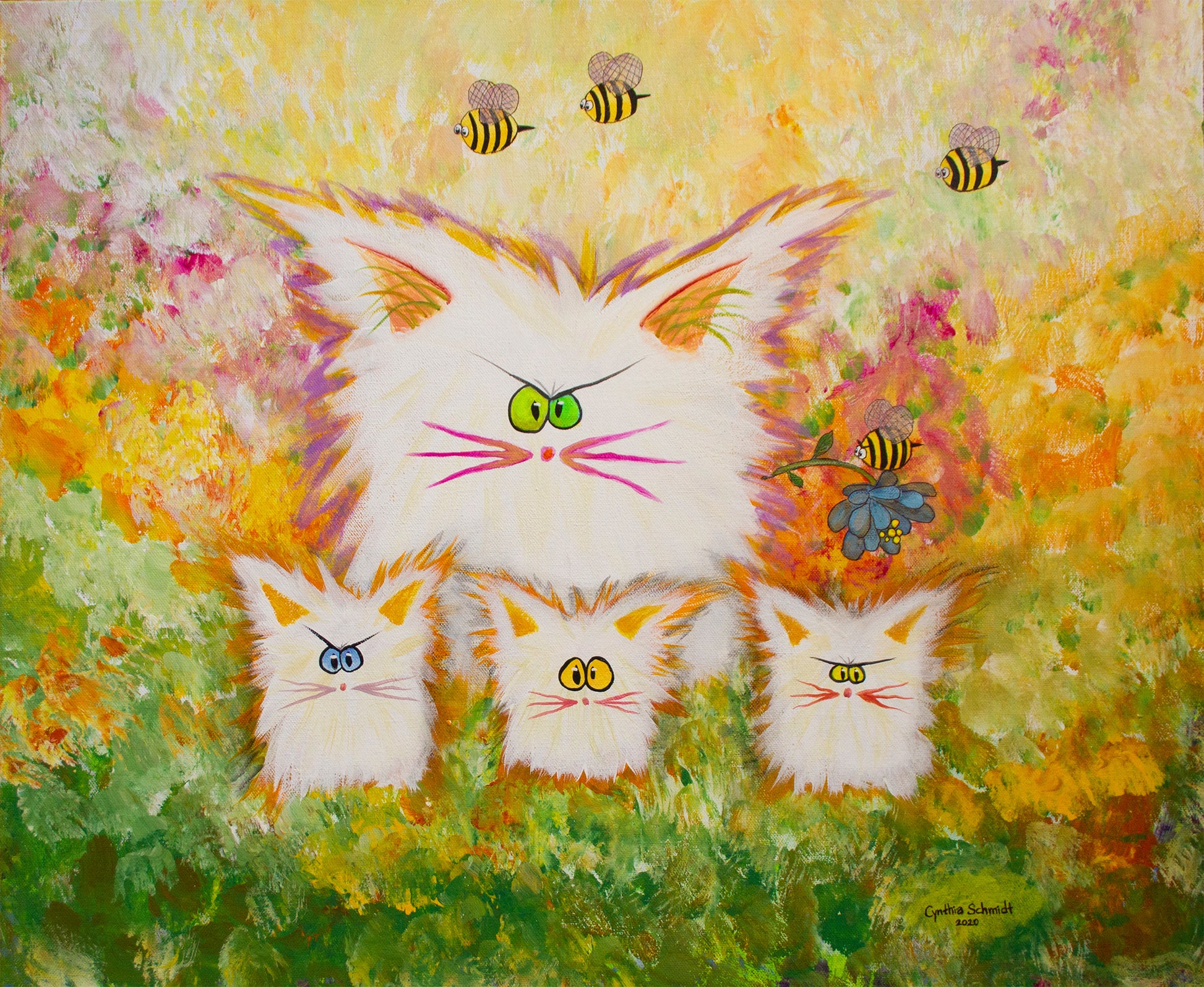 White Cranky Cats with BEES - ™Cranky Cat Collection by Cindy Schmidt