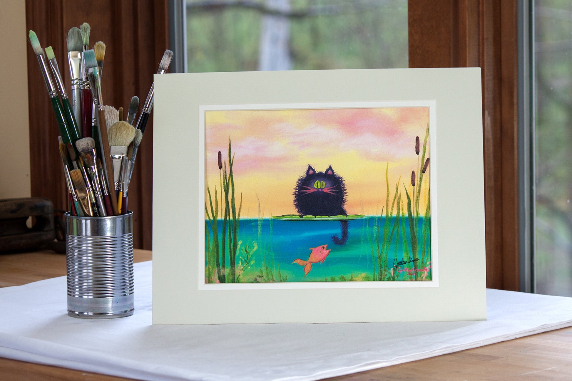 Fishing Cat with Goldfish Matted Print - Cranky Cat Collection by Cynthia Schmidt
