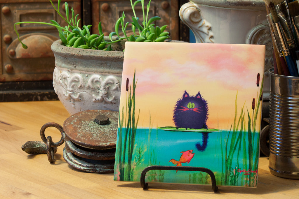 cat fishing - Ceramic Tile - Cranky Cat Collection™ by Cindy Schmidt