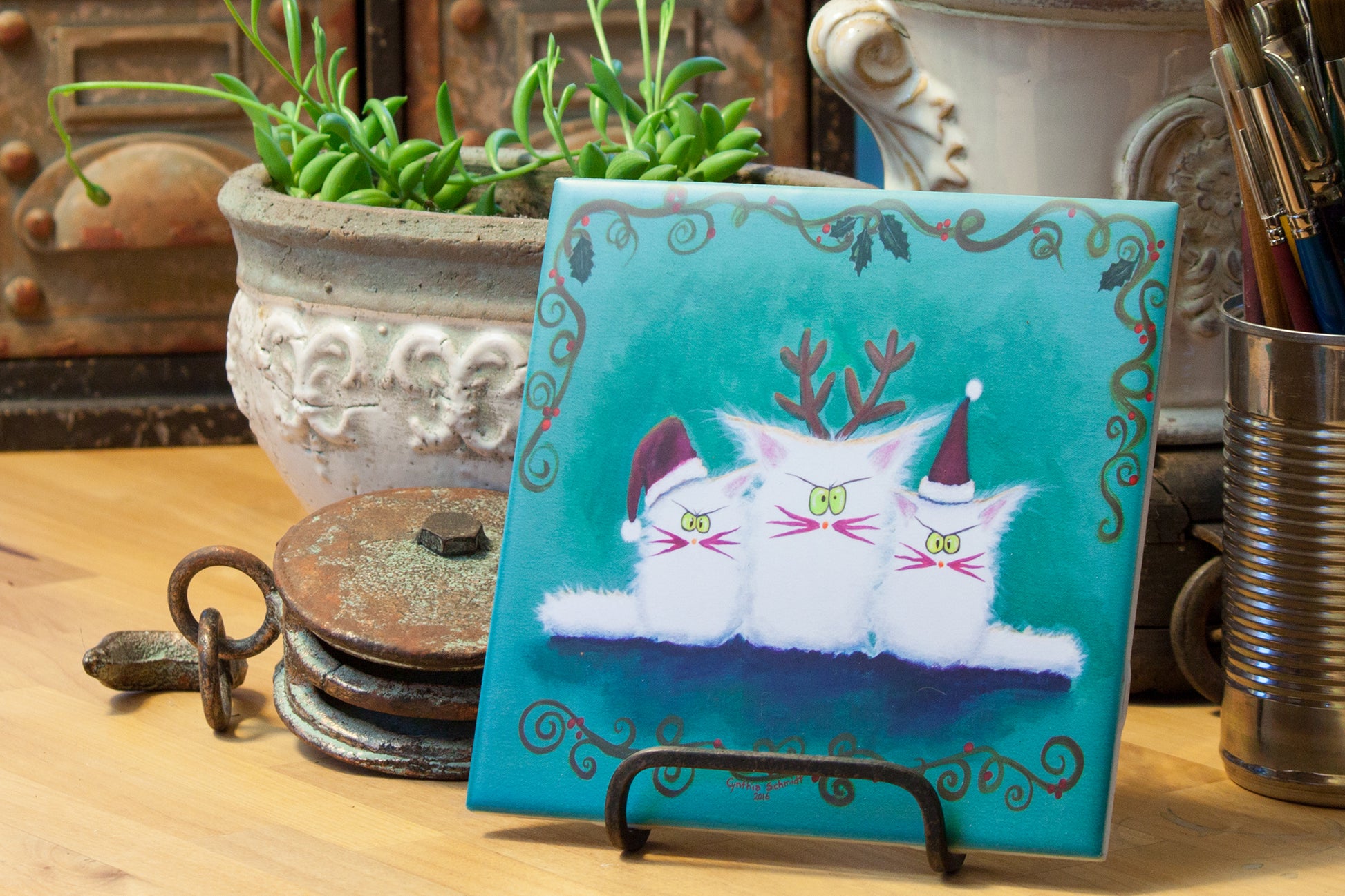 Three White Christmas Kitties - Ceramic Tile - Cranky Cat Collection™ by Cindy Schmidt