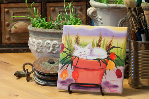 Flower Pot Kitties - Ceramic Tile - Cranky Cat Collection™ by Cindy Schmidt