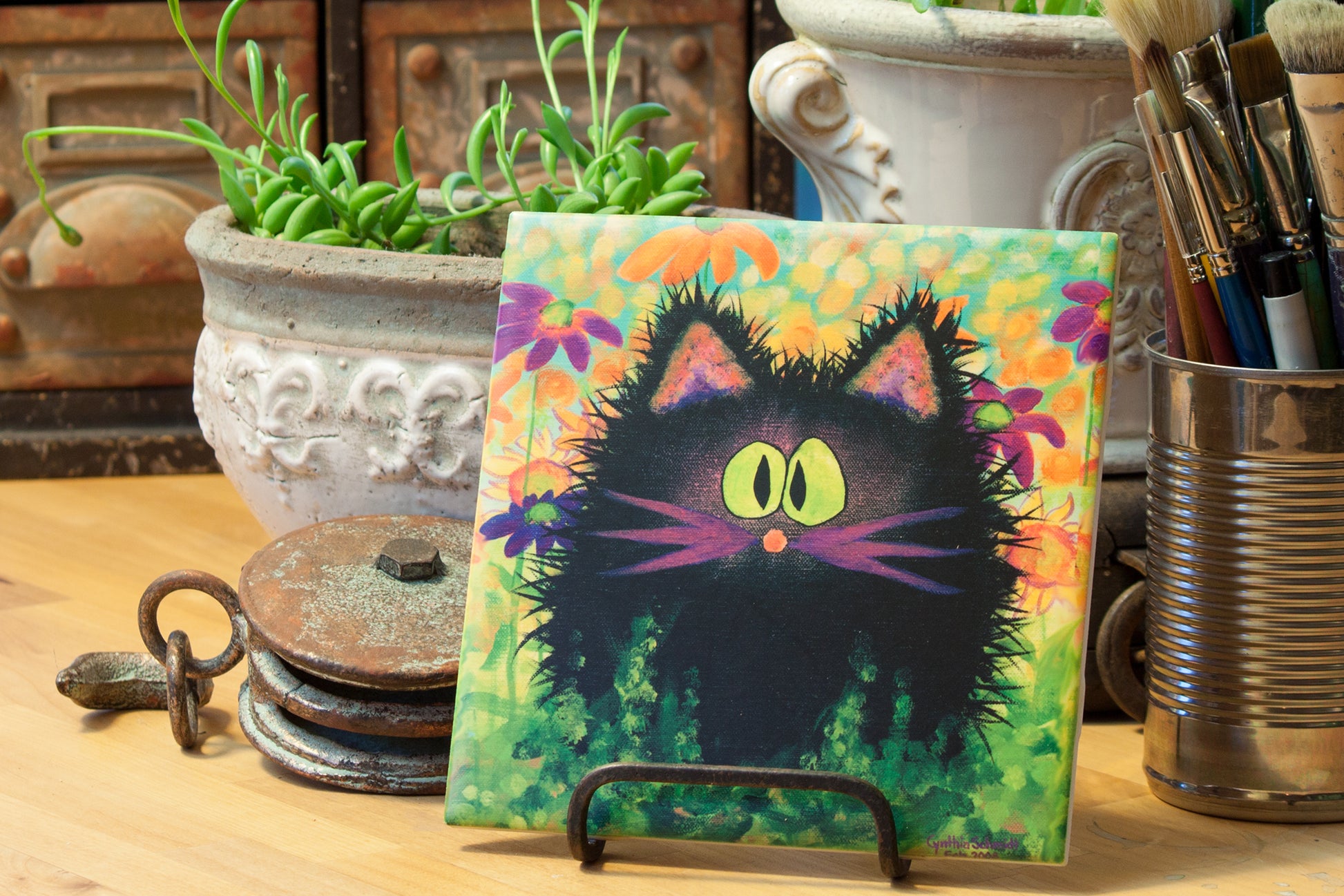 Scaredy Cat in Daisies - Ceramic Tile - Cranky Cat Collection™ by Cindy Schmidt