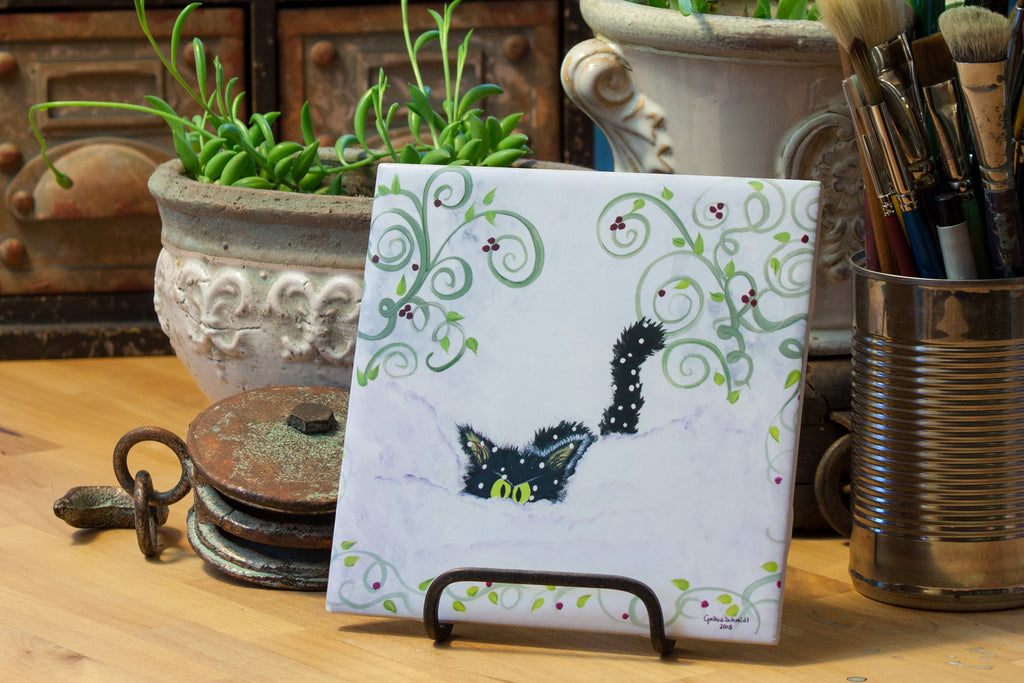 Snowbound Cat - Ceramic Tile - Cranky Cat Collection™ by Cindy Schmidt